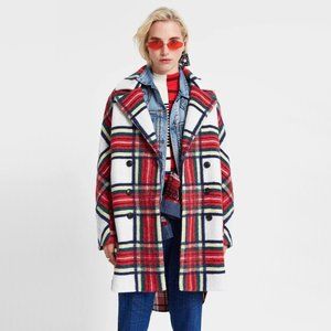 NWT Desigual red & white tartan print coat jacket, US6